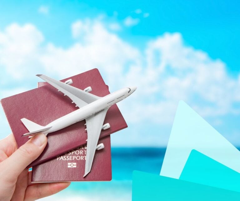 A person holding a passport and model aeroplane contemplating their travel SEO strategy.