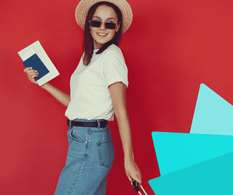 A women pulling a suitcase and holding her passport about to go on holiday after acing her travel digtial marketing